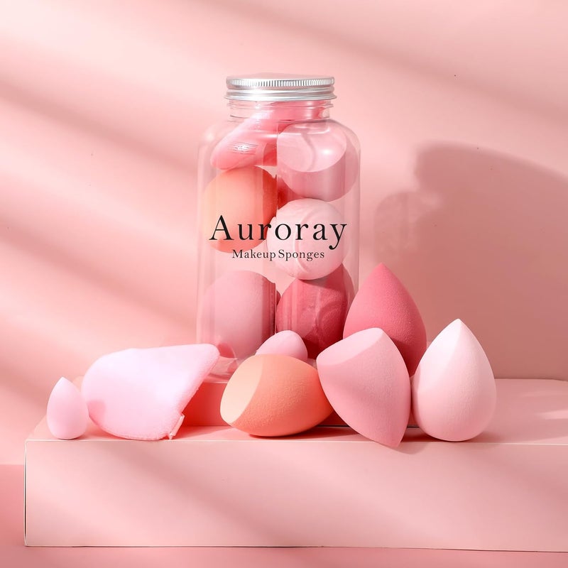 AuraRay 14 Pcs Makeup Sponge Set,Beauty Sponges Blender with 4 Pcs Powder Puff and 4 Pcs Mini Make up Sponges Valentine's Day,Mother's Day for Women Liquid,Foundation,Powder,Concealer,Cream(Pink) - Image 2